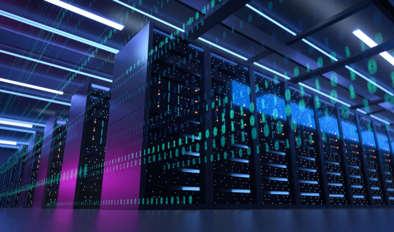 Inside a modern data center with rows of server racks illuminated in blue and purple lights. Binary code streams overlay the image, symbolizing digital data flow and information processing in a high-tech environment.