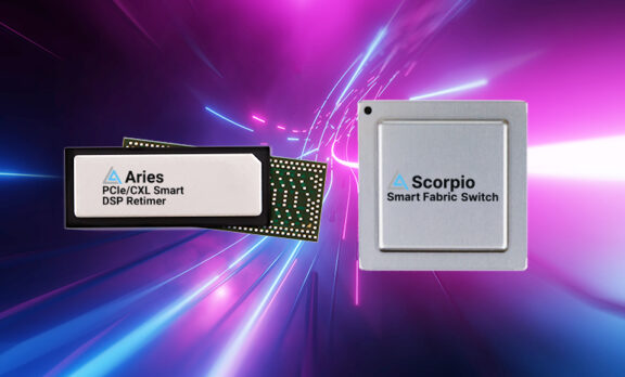 Two semiconductor devices labeled "Aries PCIe/CXL Smart DSP Retimer" and "Scorpio Smart Fabric Switch" against a vibrant, colorful background.